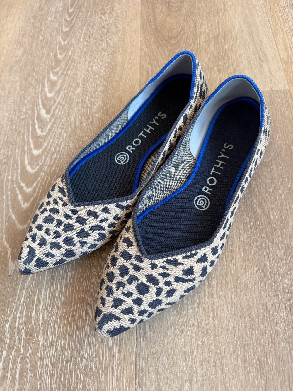Rothy's Leopard Print Pointed Flats — Beige and Black with Blue Trim